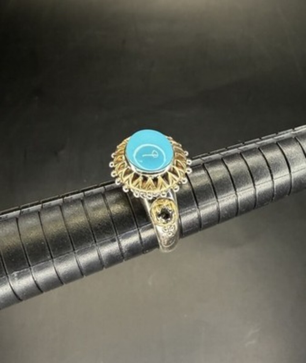 Barbara Bixby 925 Sterling Silver 18K Gold Turquoise Cabochon Ring Size 8